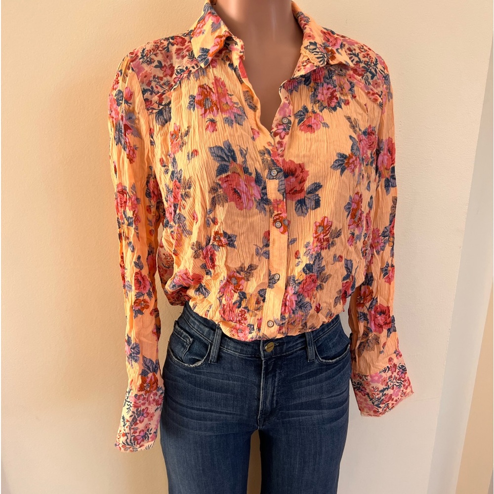 FREE PEOPLE  floral blouse with mesh back